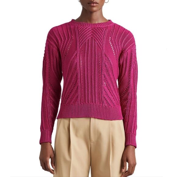 Ralph Lauren Pointelle Knit Cotton Blend Sweater in Fuchsia Berry Pink
